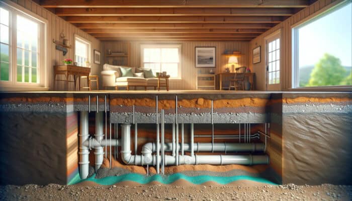 Cross-section of a residential crawl space showing drainage pipes diverting water, with clay soil retaining moisture and sandy soil allowing runoff under soft light.