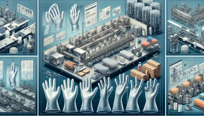 Polythene Gloves Supplier In Hereford: Diverse polythene gloves in British settings: disposable LDPE in food processing, reusable HDPE in a lab, and durable in a warehouse, emphasizing safety.