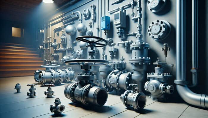 A modern Canadian home basement displaying common water valves: gate, ball, globe, check, butterfly, pressure-reducing, Y-pattern, and solenoid.