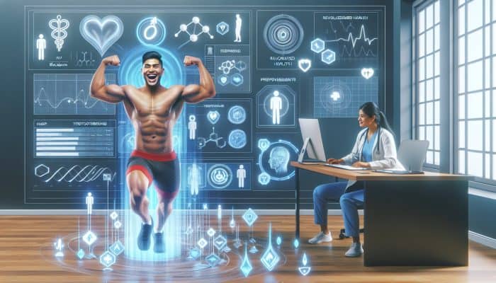 In a modern Blackburn clinic, a smiling patient flexes muscles as a doctor reviews testosterone test results on a screen featuring research charts.