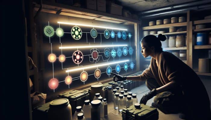 A determined survivor in a dimly lit bunker reviews risk maps of disasters and organizes stockpiles of food, water, and medical supplies.