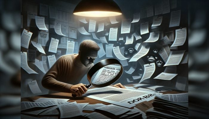 A borrower examines loan agreement with magnifying glass, revealing hidden fees in fine print, looking concerned in dim office.