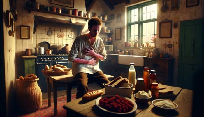 A distressed person in a cozy British kitchen clutches their bloated stomach and scratches red rashes, surrounded by bread and dairy under warm lighting.