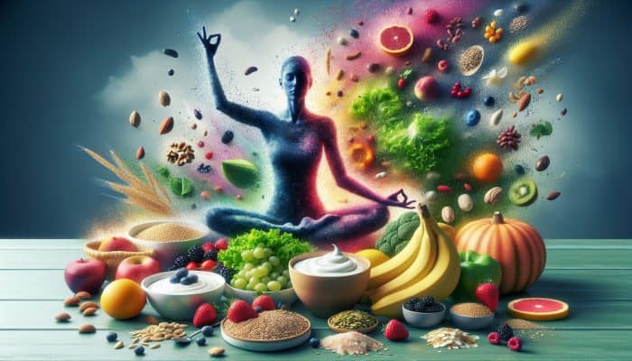 A yoga practitioner with an array of health-boosting foods: leafy greens, nuts, whole grains, berries, bananas, Greek yoghurt.