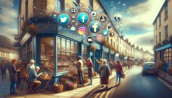 A bustling street in historic Painswick with a vibrant local shop, floating social media icons, and a shop owner engaging customers via phones.