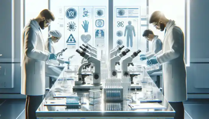 Scientists in a UK laboratory examine sterile latex and nitrile gloves under microscopes, surrounded by certification documents and advanced equipment.