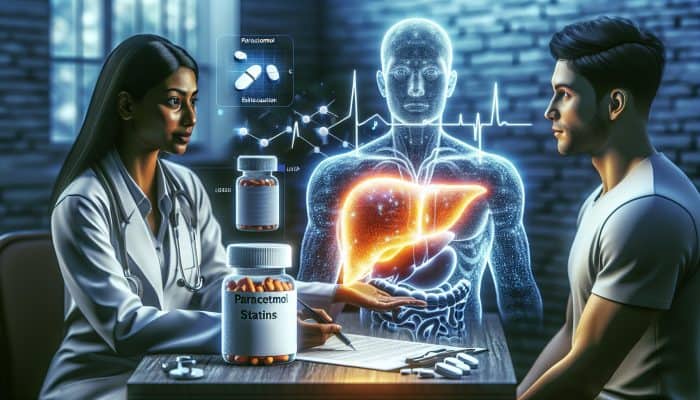 A doctor in an NHS clinic discussing medication risks with a patient, surrounded by paracetamol, statin bottles, a glowing liver diagram, and health charts.