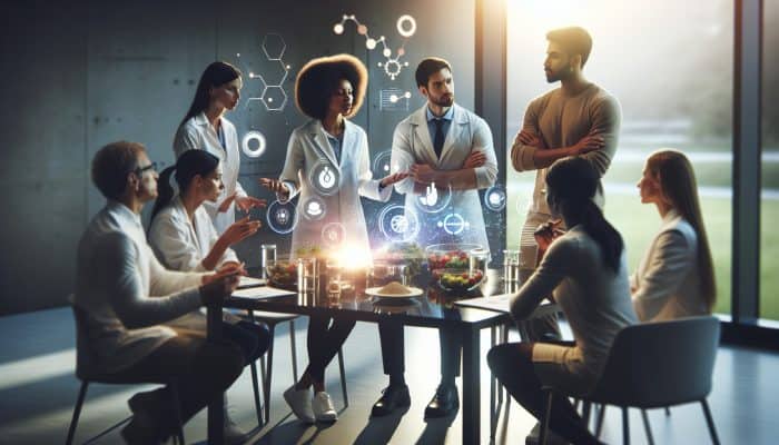 Diverse nutrition experts discussing online dietary forums, using digital screen with graphs and charts.