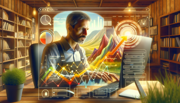 A focused small business owner in a cosy Stonehouse office analyses rising Google Analytics graphs of website traffic, user behaviour, and conversions, symbolising SEO success.