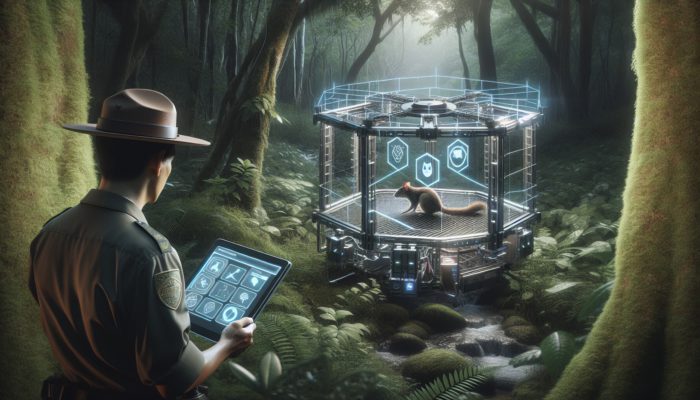 A modern high-tech animal trap in a lush forest, with sensors capturing a small creature as a ranger monitors remotely on a tablet.