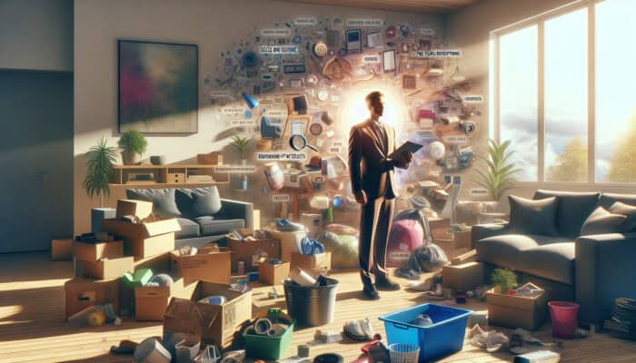 Professional organizer in a sunlit, cluttered living room sorts items into labeled boxes and recycling bins, holding a notepad with cost-saving tips.