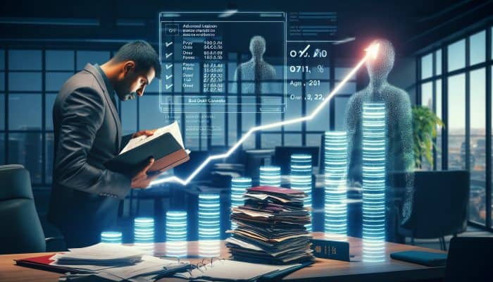 A determined UK individual in a modern London office sorts passports, payslips, and tax returns, viewing glowing credit score graphs symbolising financial hope.