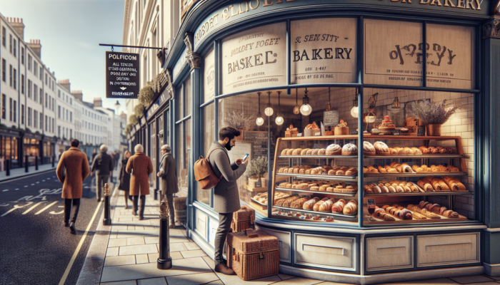 A bustling London street with a quaint bakery displaying fresh pastries, as a customer views a Google Ads search for nearby artisan treats.