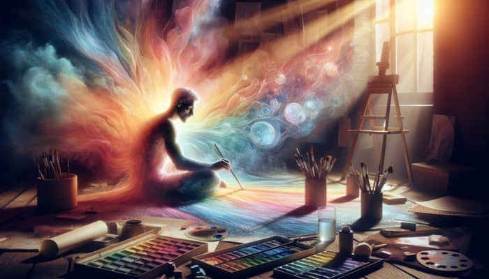 A focused artist in a sunlit studio experiments with pastel washes, blending colours on textured paper amid art supplies.