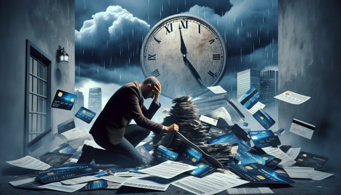 How Debt Consolidation Delays Financial Freedom | DCL Stressed UK borrower in London surrounded by credit cards and documents, signing a debt consolidation contract under rainy skies with a symbolic clock showing extended time.