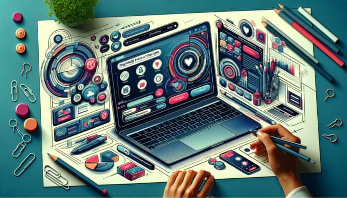 A vibrant digital illustration of a modern e-commerce page on a laptop, showcasing intuitive navigation, easy buttons, and engaged users browsing.