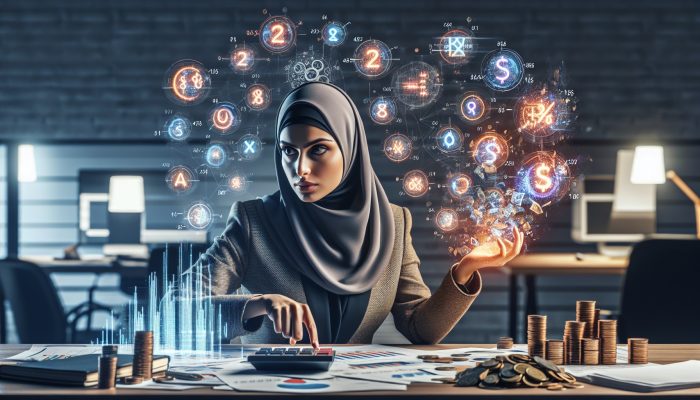 Financial analyst reviews colourful charts of interest rates and fees in a modern office, surrounded by calculators, documents, and coins, with a determined expression.