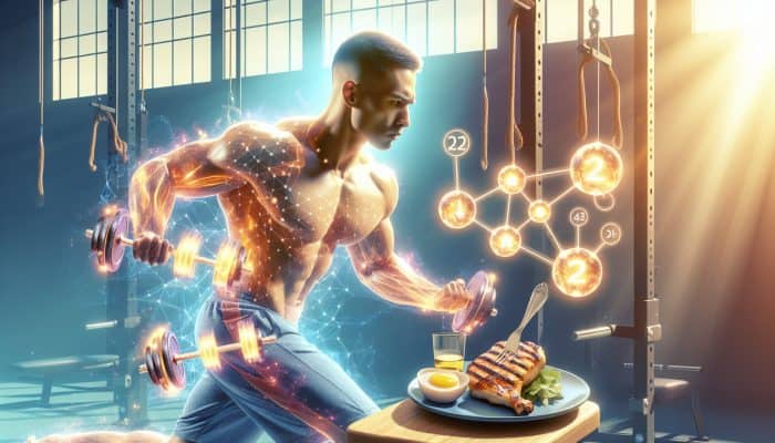 An athlete lifting weights while eating grilled chicken and eggs, with glowing protein molecules, in a sunlit gym and a descending scale.
