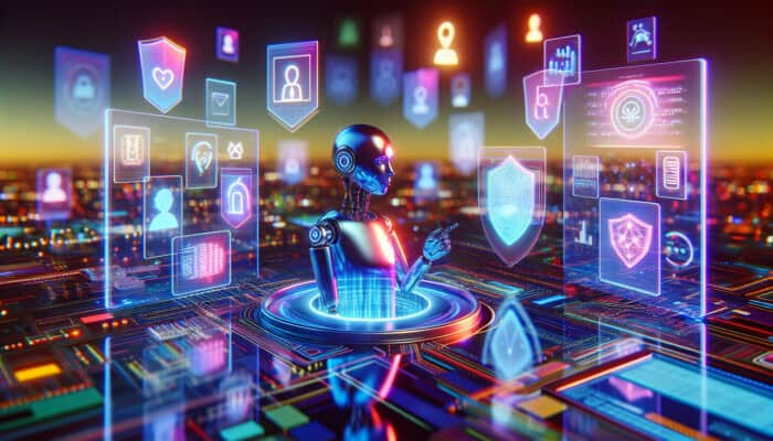 A holographic AI assistant updates systems in a futuristic digital landscape with glowing encryption shields and biometric scans.