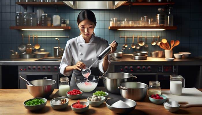 Chef blending translucent liquid with sodium alginate to create gel spheres in a modern kitchen, surrounded by calcium chloride bowls.
