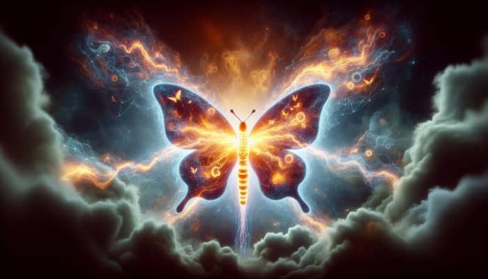 A glowing, disarrayed butterfly-shaped thyroid gland emits chaotic energy waves forming storm clouds of anxious faces and racing thoughts.