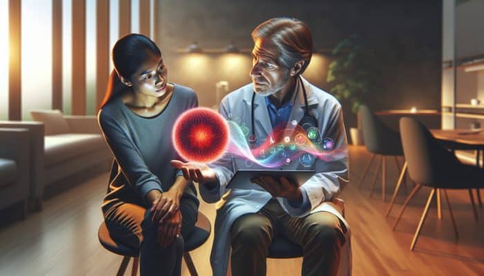 Compassionate doctor in Daventry clinic discusses B12 test results with patient, pointing to digital charts of UK health data.