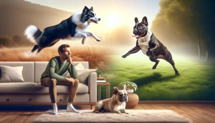 Person thoughtfully evaluating purebred dogs: energetic Border Collie leaping in field, relaxed French Bulldog on sofa, with trait charts.
