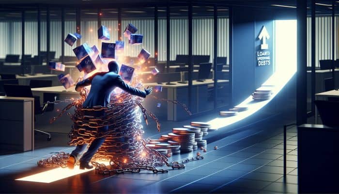 A determined person in a modern UK office escapes tangled debt chains, merging into a glowing loan path with lower rates and a 2-5 year timeline, symbolising financial empowerment.