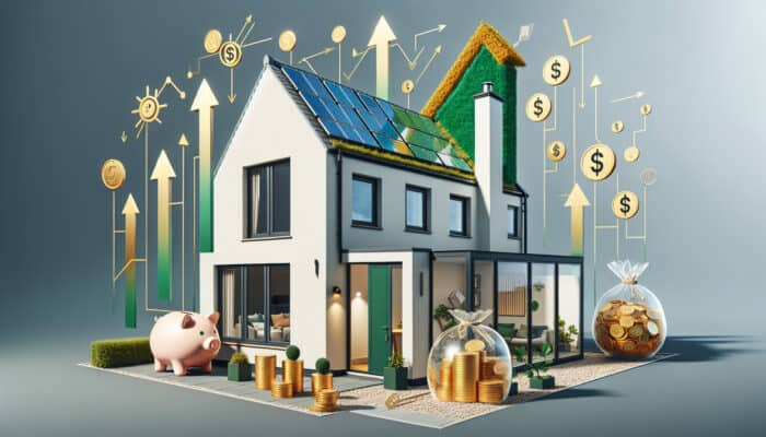 A modern UK home with solar-paneled loft, energy-efficient windows, and symbols like green graphs, overflowing piggy banks, and upward arrows for financial savings.