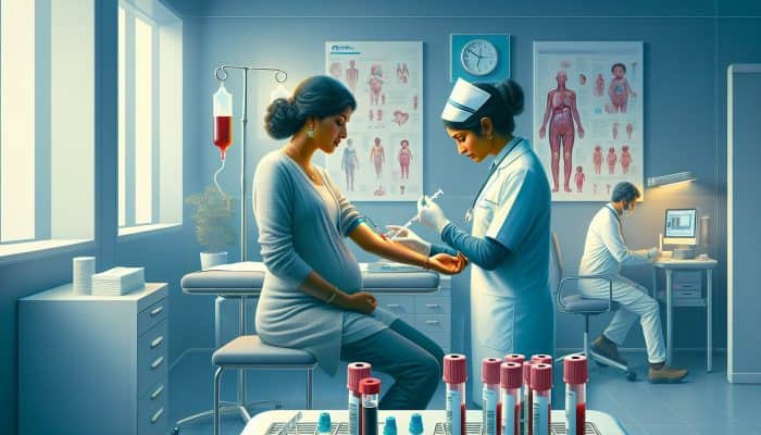 A nurse draws blood from a pregnant woman in a sterile clinic, with test tubes, gloves, and educational charts nearby, emphasizing care.
