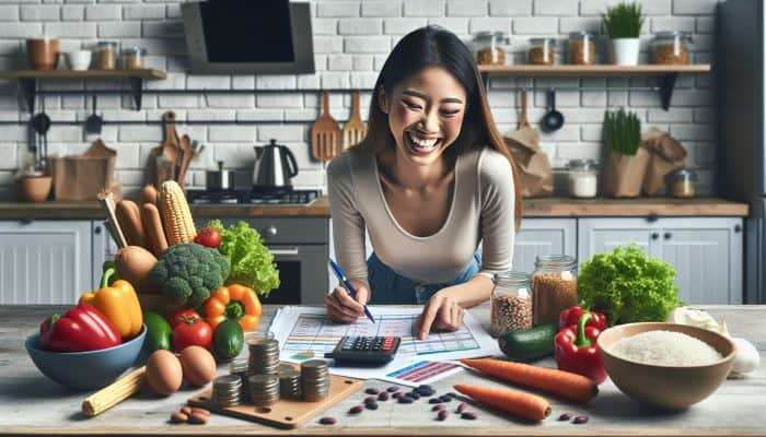 Young woman smiles while reviewing budget grocery list with vegetables, rice, beans, and calculator in cozy kitchen.