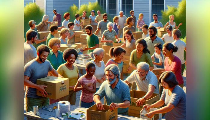 Multi-generational family clearing a cluttered house in a sunny garden during May Bank Holiday, sorting boxes with smiles and teamwork.