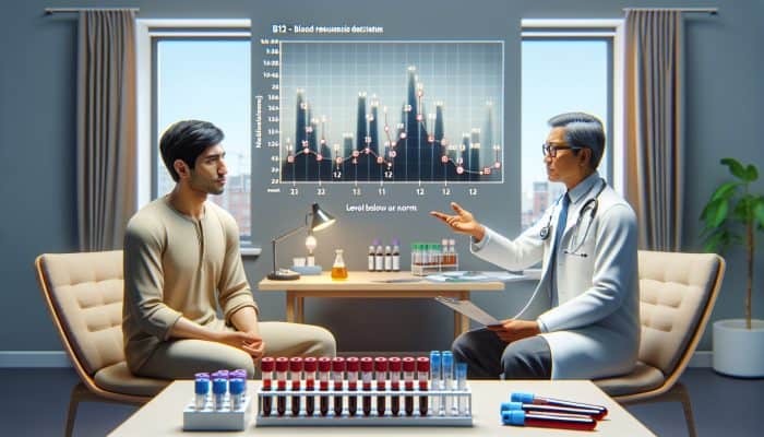 A UK doctor in an NHS clinic discusses low B12 levels with a patient, showing a graph, test tubes, and deficiency symbols.