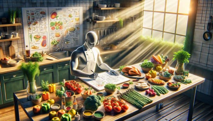 Chef sketching meal plans in a sunlit kitchen, surrounded by colourful produce, proteins, and herbs on a wooden counter.