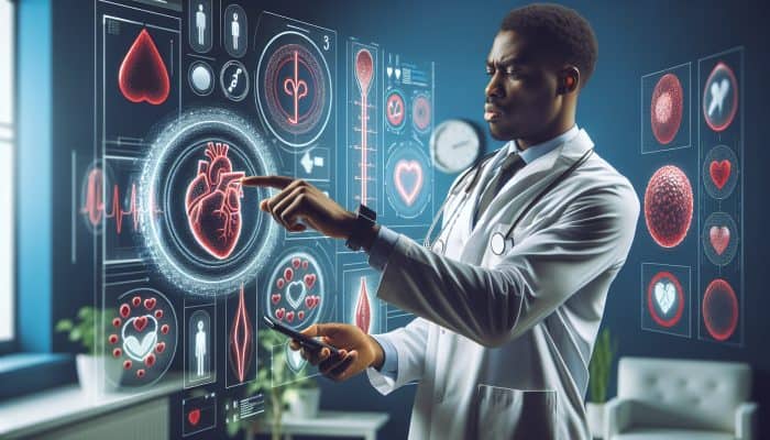 A focused UK doctor examines a cholesterol blood test on a digital screen in an NHS clinic, surrounded by heart, artery, and prevention symbols.