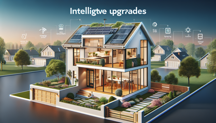 A cozy suburban home with solar panels, modern kitchen featuring stainless steel appliances, energy-efficient windows, and a vibrant landscaped garden.