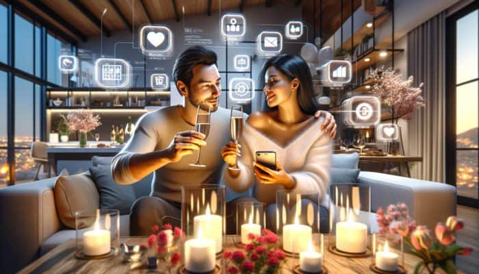 A modern couple toasts with champagne in a tech-savvy living room, surrounded by smartphones, candles, and flowers.