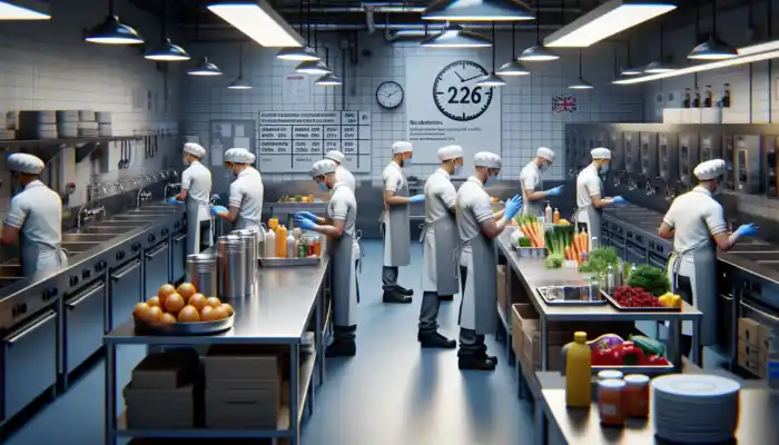 In a bustling UK kitchen, diverse staff in uniforms change gloves during breaks, surrounded by fresh ingredients, safety posters, and clocks.