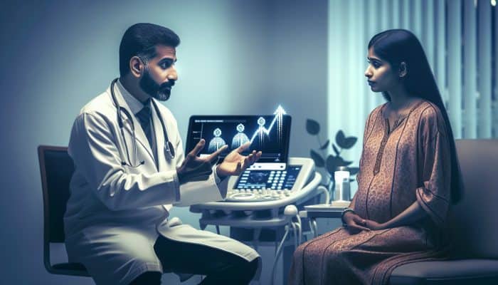 A doctor explains pregnancy blood test results to an anxious patient, pointing at an hCG chart in a modern Stirling clinic, equipped with ultrasound technology and informative posters.