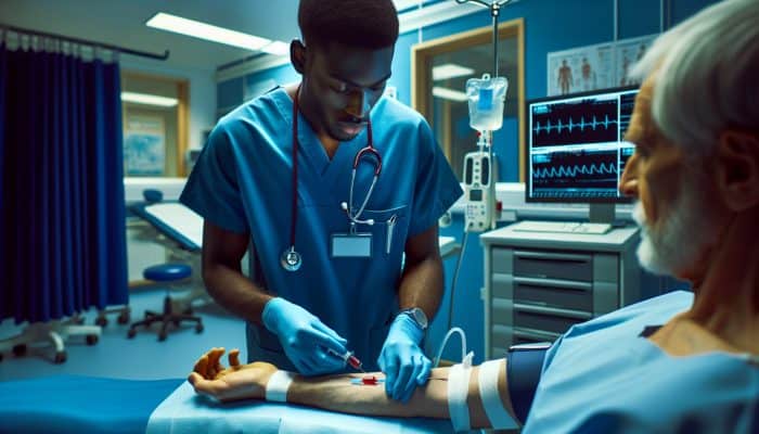 A healthcare professional in blue scrubs disinfects a patient's arm and draws blood in a modern clinic in Stirling with warm lighting.