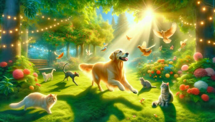 A joyful golden retriever playing fetch with its owner in a sunny park, surrounded by cats and birds amid lush greenery and flowers.