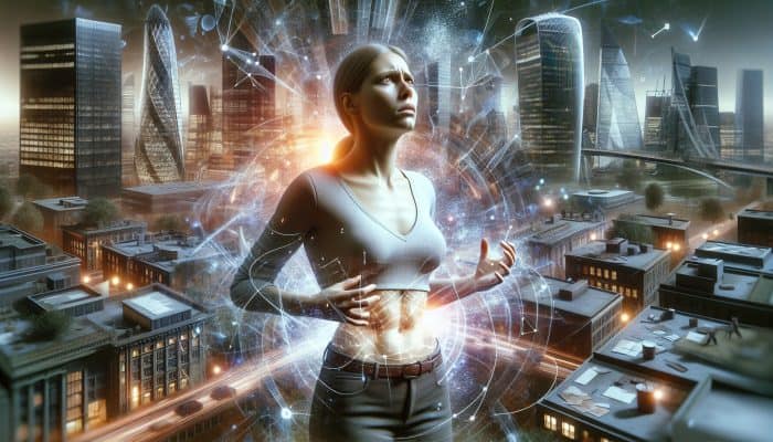 A stressed UK woman amidst London's skyscrapers, with glowing particles symbolising cortisol, highlighting midsection weight gain.