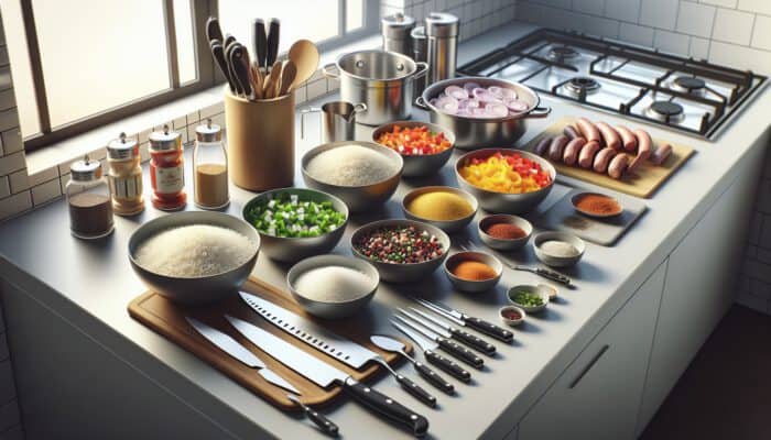 A tidy kitchen counter for jambalaya with neatly arranged bowls of chopped peppers, onions, sausage, rice, spices, and cooking tools.