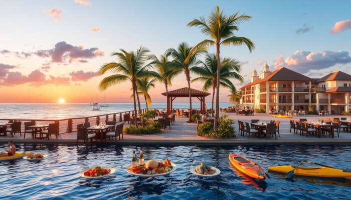 Luxurious beachfront resort featuring diverse gourmet dining options and vibrant water sports activities like snorkeling and kayaking against a stunning sunset backdrop.