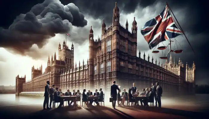 Illustration of Houses of Parliament under dramatic sky, with fluttering Union Jack, open law book, scales of justice, and debating professionals.