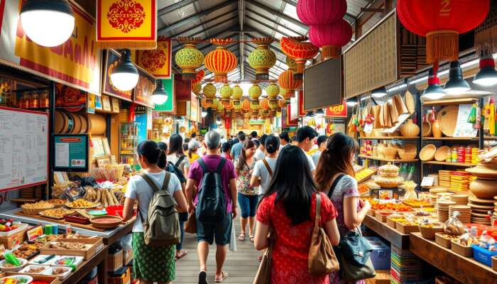 A diverse group of tourists interacting with local artisans in a bustling market filled with traditional crafts, cultural performances, and authentic cuisine under vibrant heritage decorations.