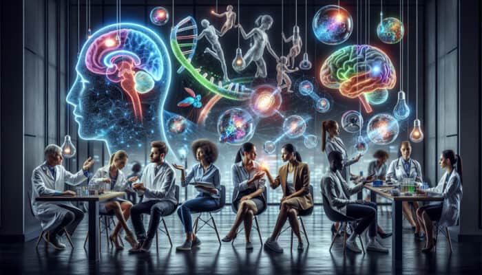 Diverse scientists in a modern lab discuss habit formation with holographic brain scans and symbolic chains breaking into light bulbs.