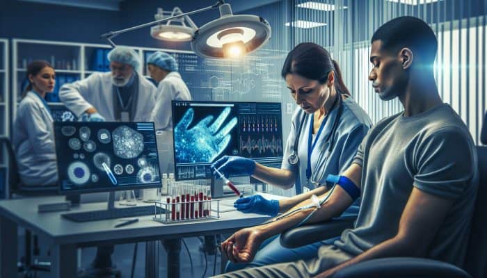 A healthcare professional draws blood from a patient's arm in a modern clinic, transitioning to scientists analyzing samples in a high-tech UK lab.