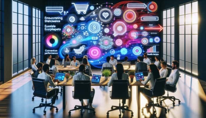 UX experts collaborating on e-commerce checkout strategies in a digital workspace, surrounded by screens showcasing optimised flows, user personas, and conversion metrics.