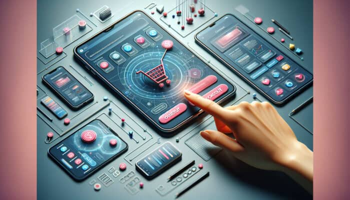 A modern smartphone displays a responsive e-commerce app with large touch-friendly buttons and vertical layout, as a user taps the checkout icon surrounded by tablets and laptops for testing.